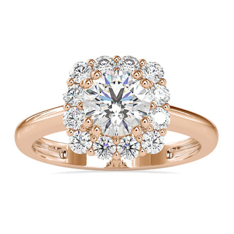 Halo engagement ring featuring a stunning cathedral ring setting.