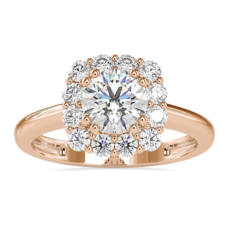 Halo engagement ring featuring a stunning cathedral ring setting.