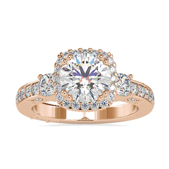 Round halo diamond ring in rose gold, white gold, or yellow gold.