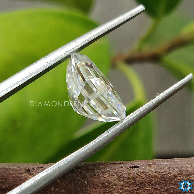 Moissanite stone shaped in Emerald Step Cut for unique fine jewelry.