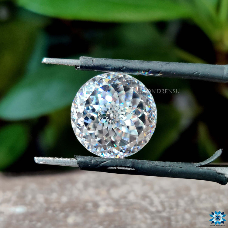 Portuguese round cut moissanite shown in loose form.