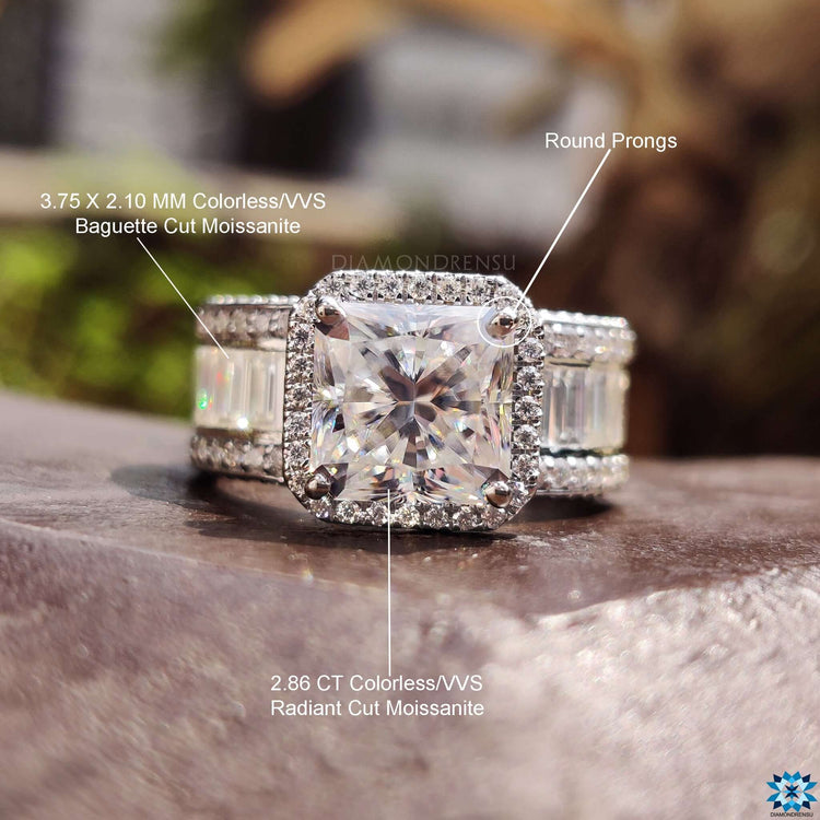 Filigree in the shank of a radiant halo engagement ring