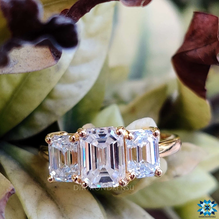 Moissanite gold ring emerald cut ring