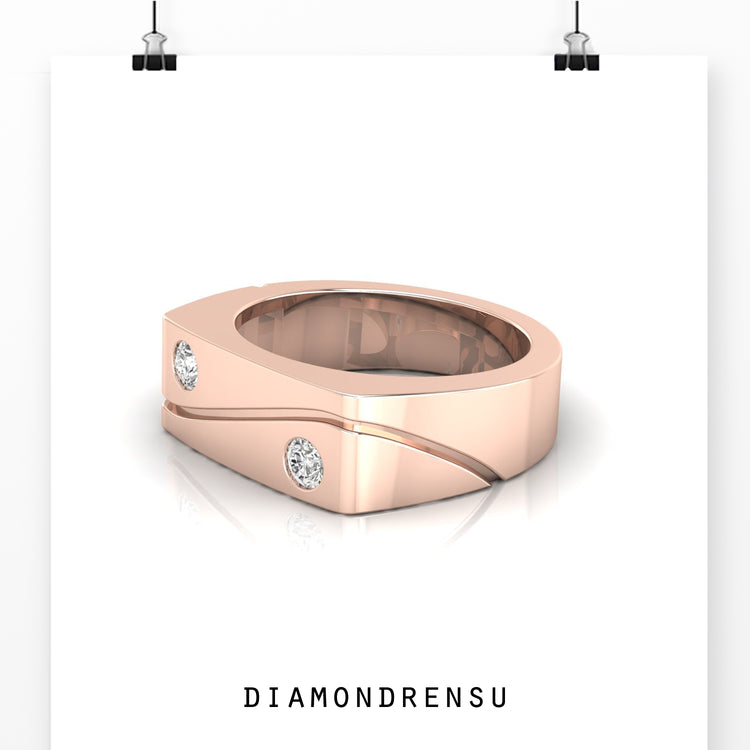 Diamondrensu mens band in rose gold, two stone wedding ring.