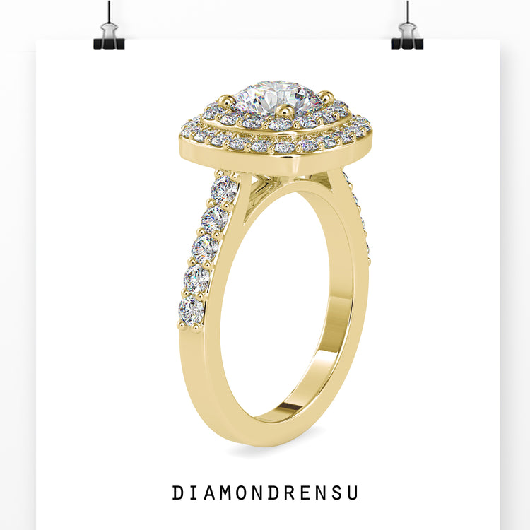 Round cut diamond ring with a double halo for added sparkle.