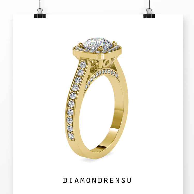 Dazzling round brilliant cut diamond in a pave ring for extra sparkle.