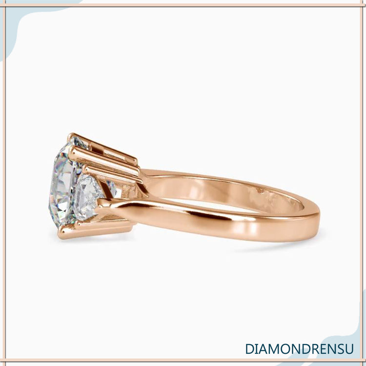 Lab grown diamond engagement ring with 3 stone cushion cut design