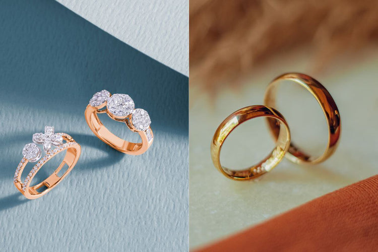 Pink gold diamond rings on left and simple gold rings on the right side of the image.