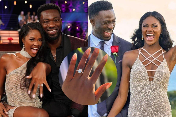 Charity lawson with her partner and a zoomed photo of her engagement ring.