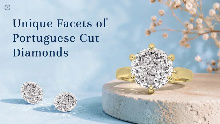 Portuguese cut diamond engagement ring with unique faceting design and gold setting