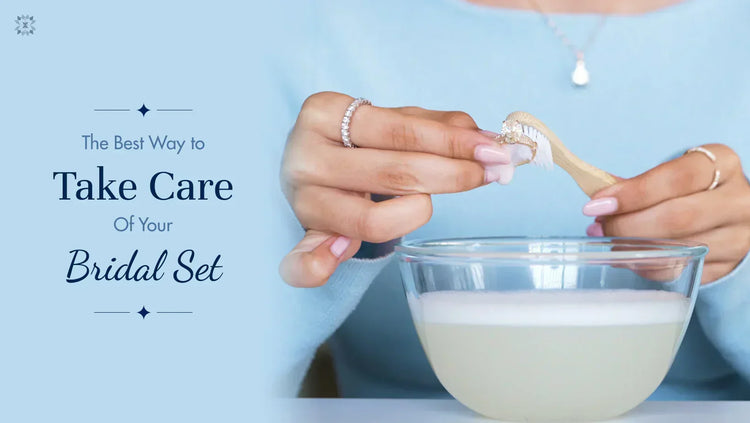 Bridal set ring being cleaned with a soft toothbrush and mild soap solution for safe at-home jewelry care and maintenance.