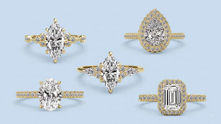 Five unique diamond engagement ring styles on soft blue background