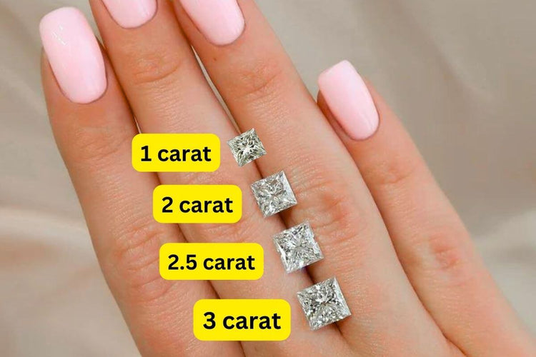 Different carat princess cut diamonds kept on the finger for size comparison