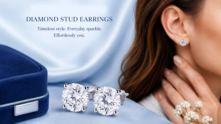 Classic round diamond stud earrings featuring brilliant-cut diamonds in a timeless four-prong setting, displayed on a model and alongside a jewelry box.