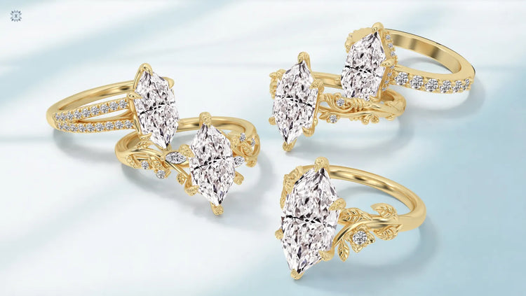 Nature inspired engagement rings with dutch marquise cut diamonds and floral leaf details  