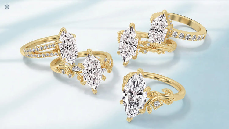 Nature inspired engagement rings with dutch marquise cut diamonds and floral leaf details  
