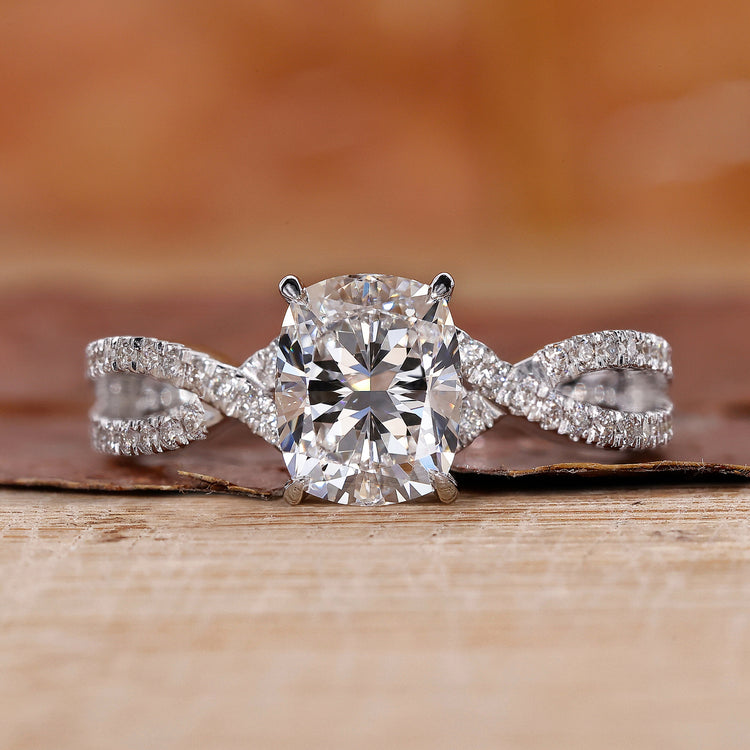 Elongated Cushion Cut Diamond Ring set in a stunning design.