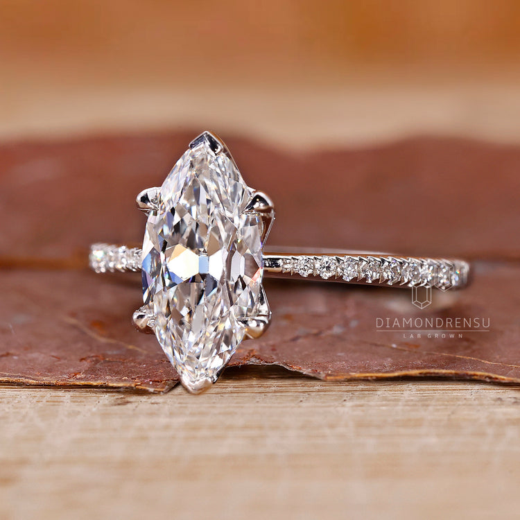 Lab grown marquise cut diamond ring in white gold.
