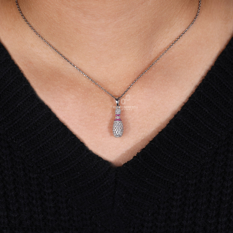 Bowling Pin charm-shaped diamond pendant with Lab Grown Diamond in white gold.
