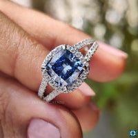 White gold engagement ring with 4 claw prong setting.
