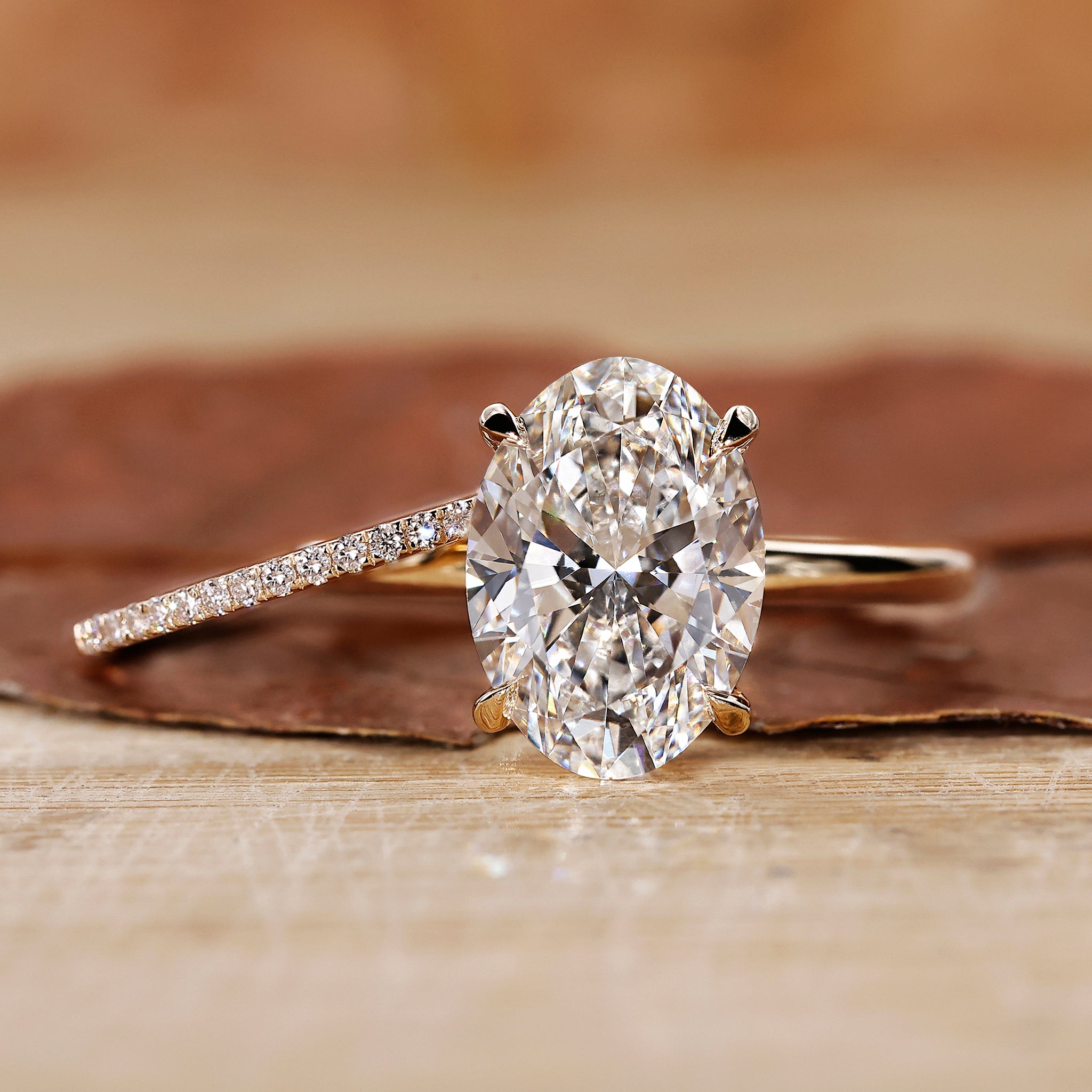 Oval Solitaire Engagement Ring with Minimalist Band Set