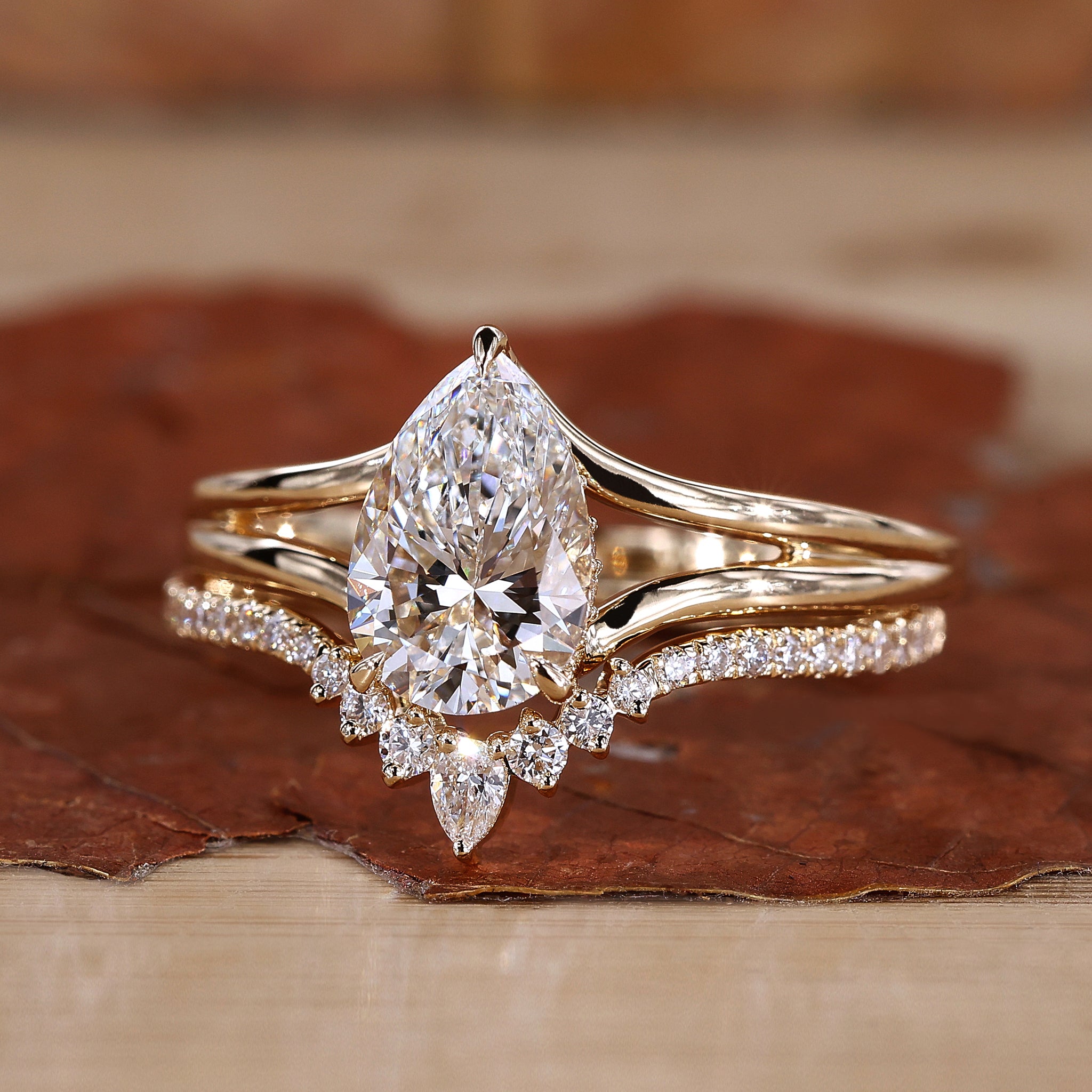 Diamond Rings Random Set Pear Shaped Engagement Ring Set - Curved Band
