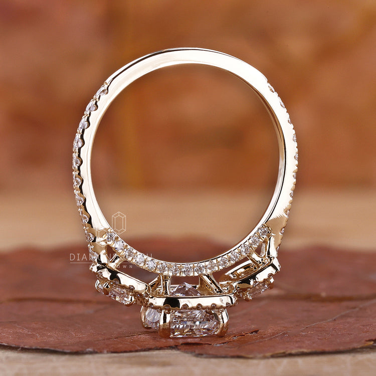 Yellow Gold Ring with a dazzling 3 Stone Halo Engagement Ring.
