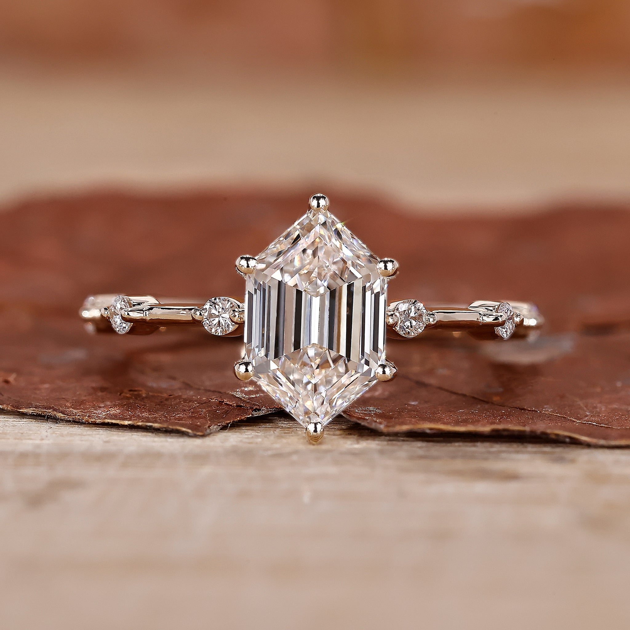 Hexagon Engagement Ring with Pave Diamond Setting