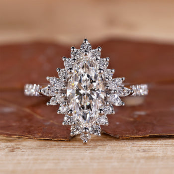Marquise cut engagement ring set in elegant white gold.

