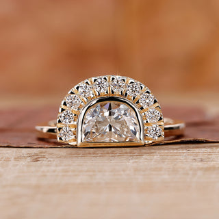 Half moon diamond ring with half halo engagement ring.
