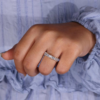 Handmade lab grown diamond band featuring alternating baguette and marquise stones