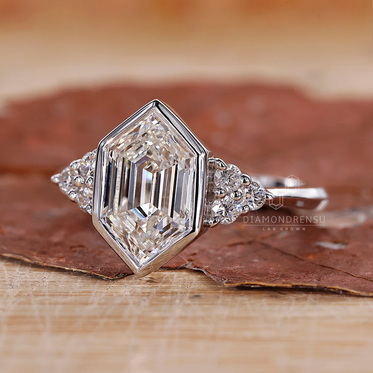 Hexagon Diamond Ring set with a unique and eye-catching diamond.
