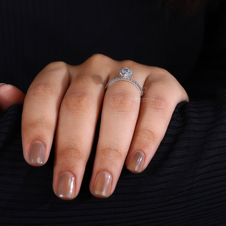IGI certified pear halo ring for an exquisite bridal choice.
