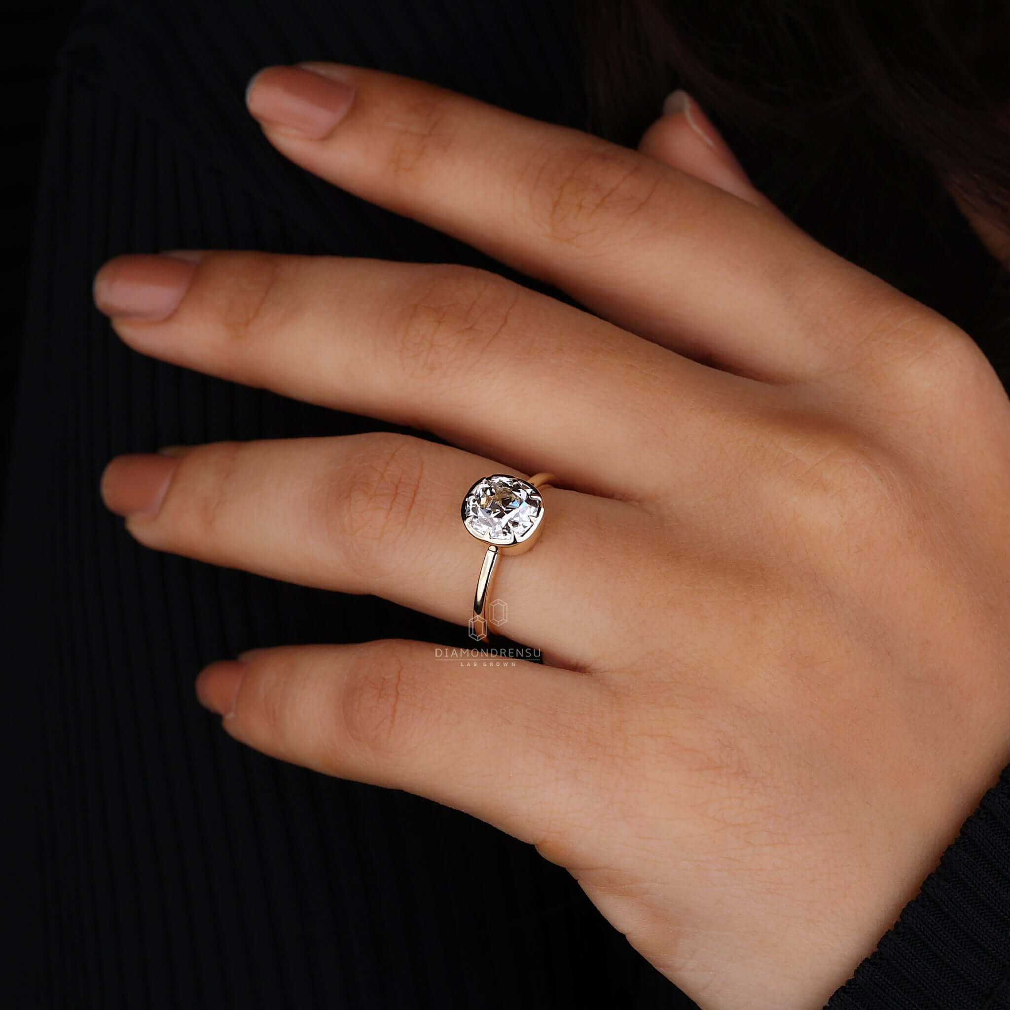 Diamond Add Cushion Old Mine Cut Bezel Set Diamond Engagement Ring
