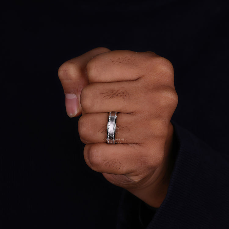 Stylish brush finish ring for a unique texture.
