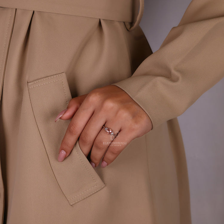 Rose cut diamond engagement ring in white gold with a stunning tapered band.
