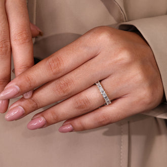 Baguette cut half eternity wedding band with lab grown diamonds.
