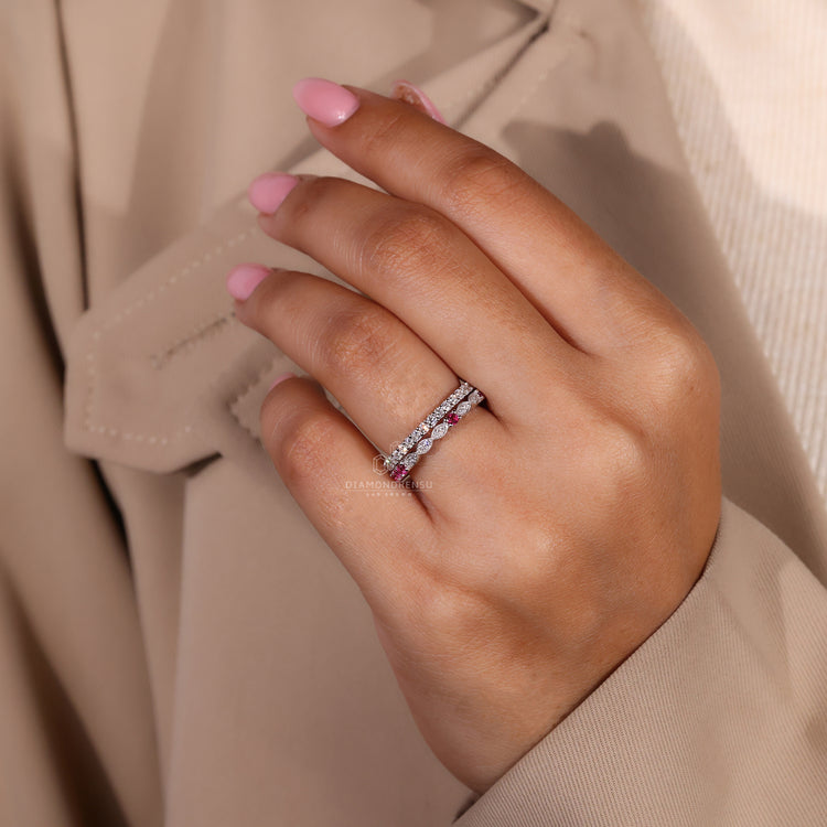 Handmade jewelry with ruby and diamond wedding band in white gold.
