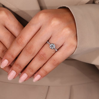 Lab Grown Diamond round cut ring with white gold and custom design.
