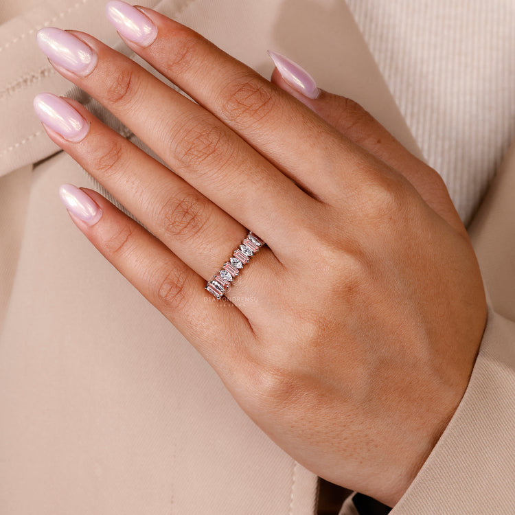 Diamondrensu Wedding Band crafted with pink baguette cut diamonds.
