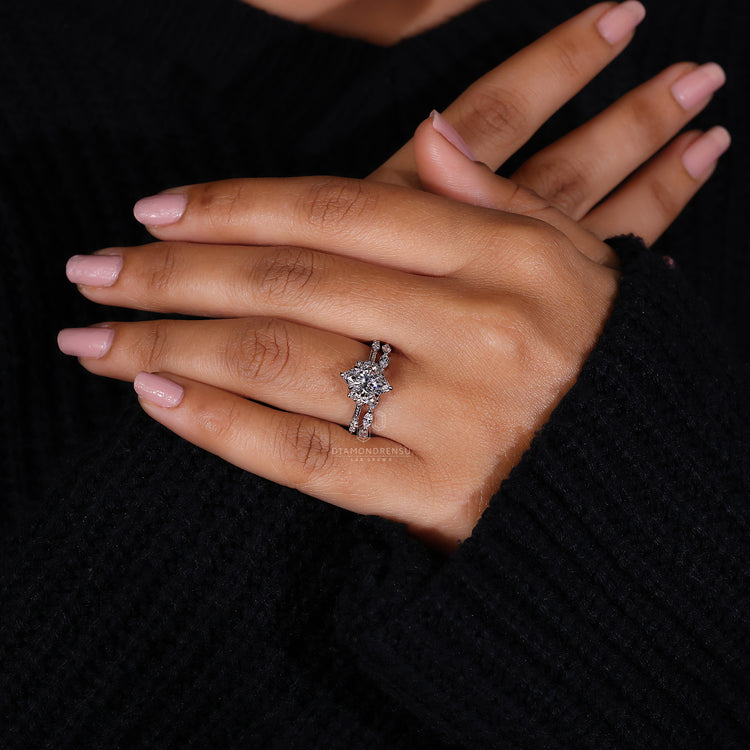 Claw Prong Setting on a bridal set to secure each diamond.
