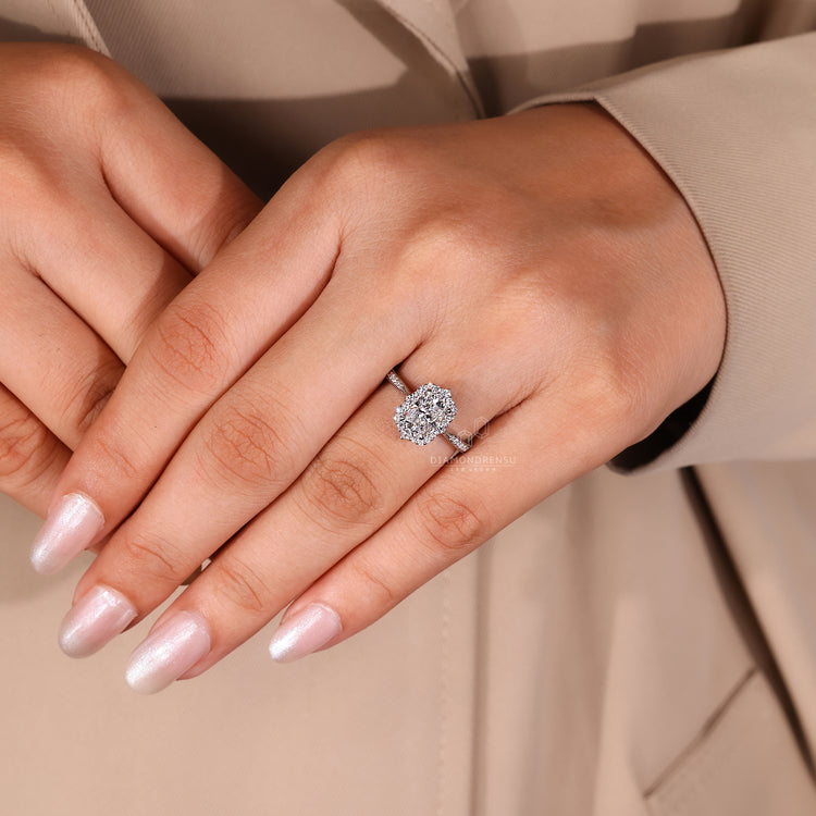 Round cut pave band engagement ring in white gold.
