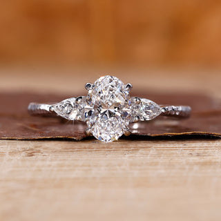 Three stone diamond engagement ring with elegant sparkle.
