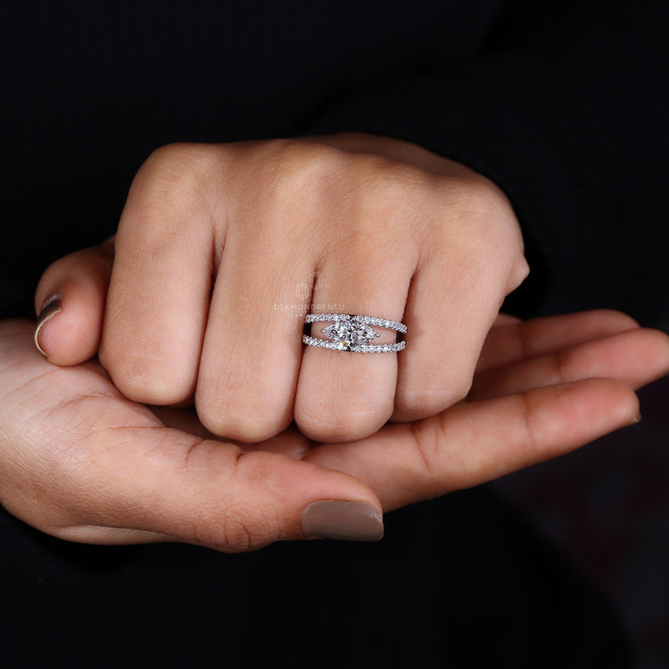 Stunning ring featuring a Split Pave Shank and intricate craftsmanship.
