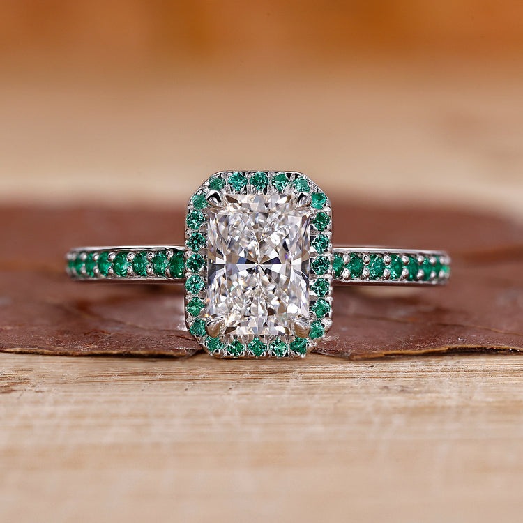 Radiant Halo Engagement Ring featuring a brilliant radiant cut diamond.
