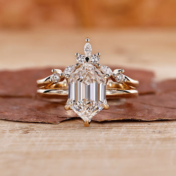 Hexagon Cut Wedding and Engagement Ring Set with unique design.
