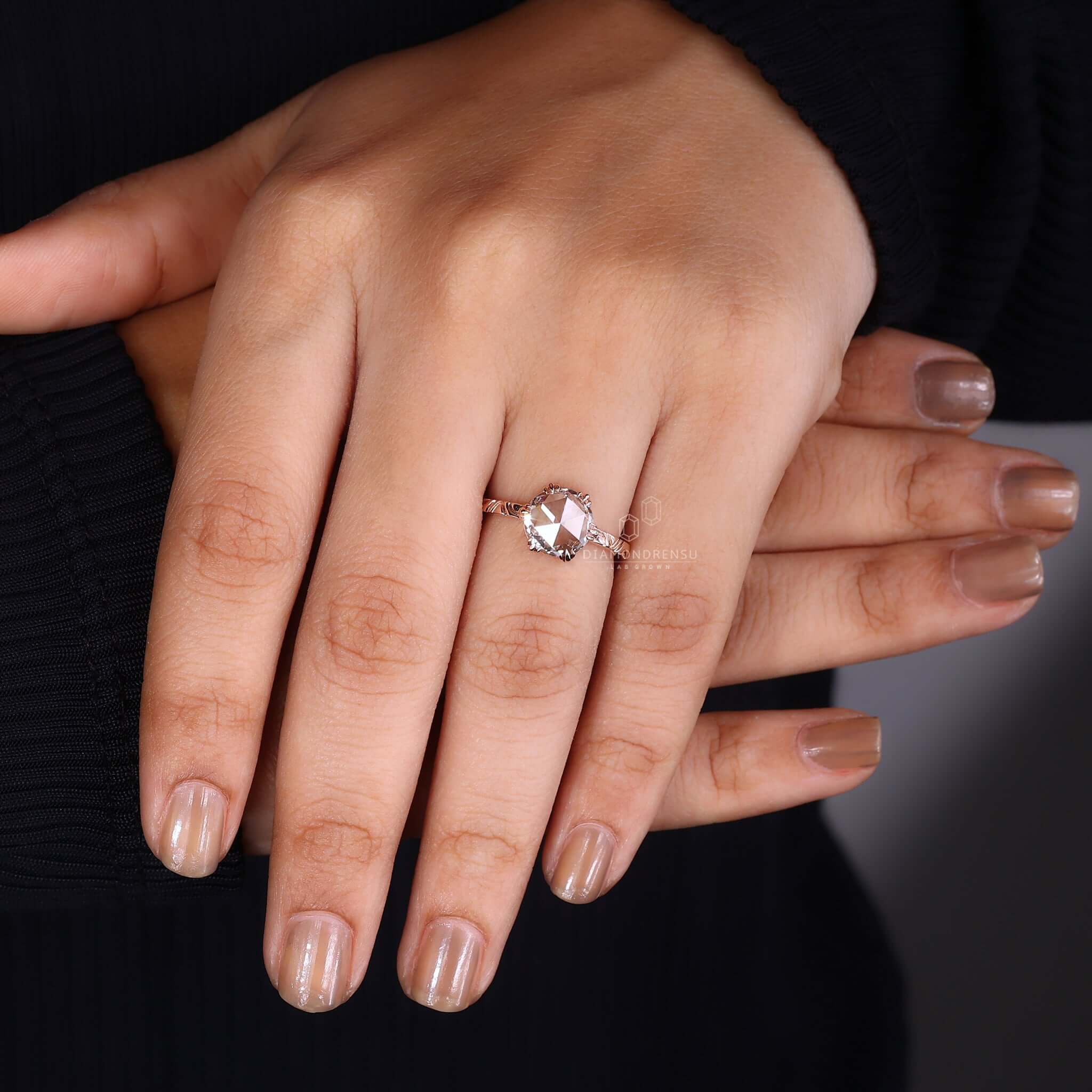 Vintage Rose Cut Engagement Ring on hand - Diamondrensu