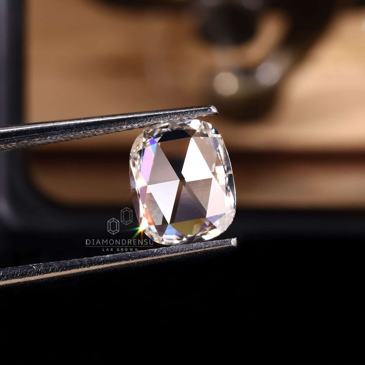 Antique Flat Cut Diamond in cushion shape, lab made.
