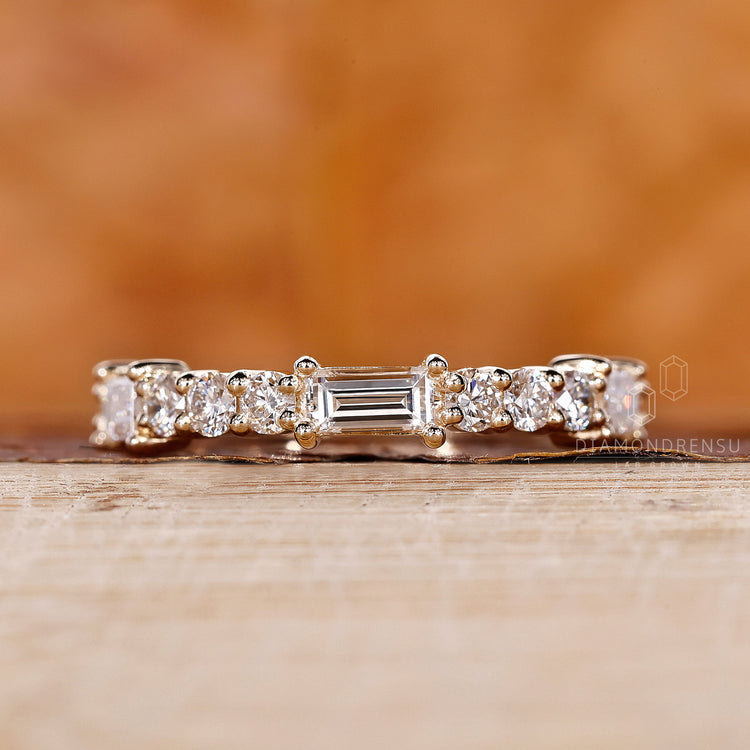 Prong set wedding band with secure setting.
