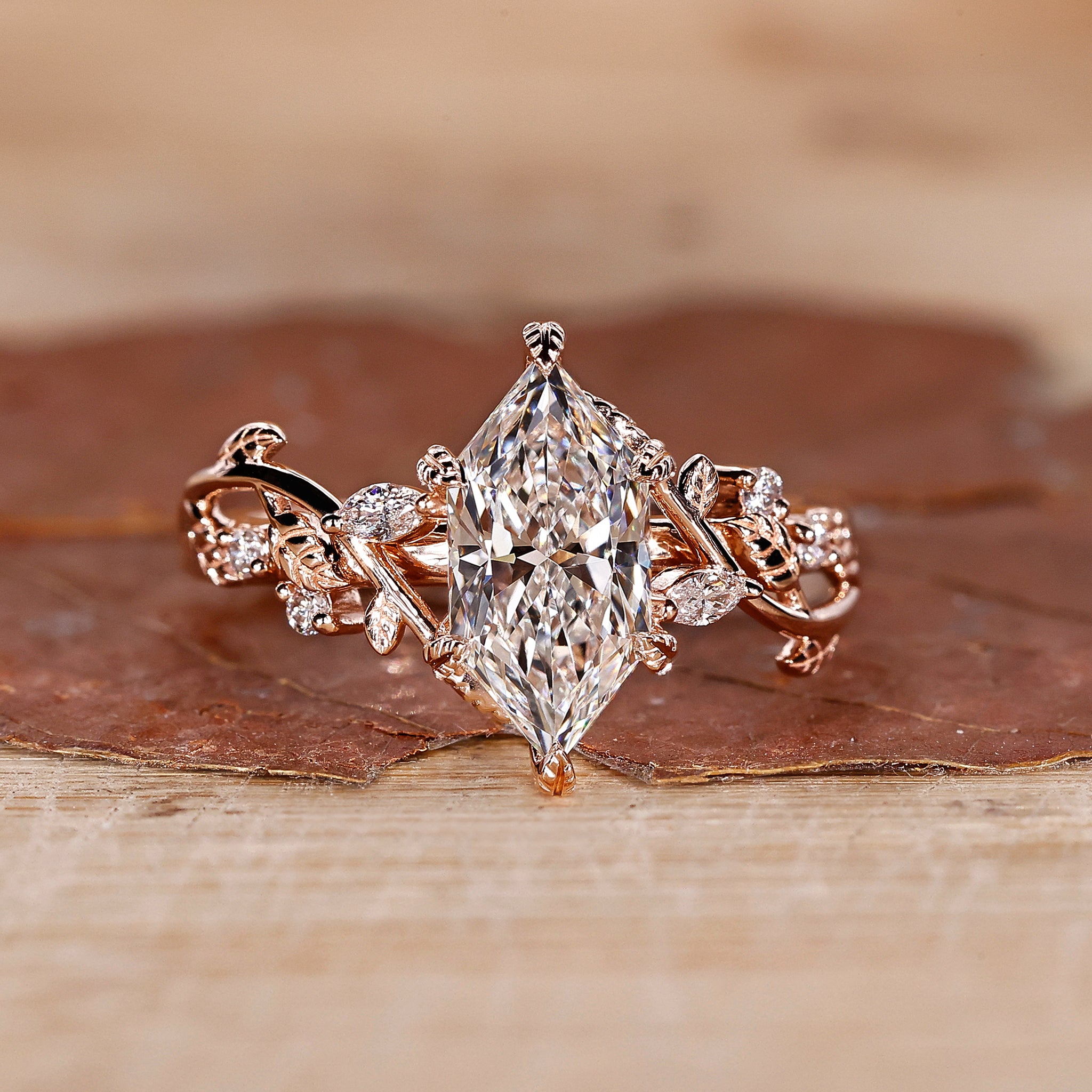 Dutch Marquise Diamond Ring with Vines and Leaves Design in Rose Gold